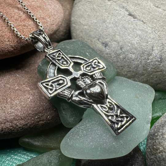 Galway Irish Claddagh Cross Necklace in Sterling Silver | Pendant | Wiccan Center