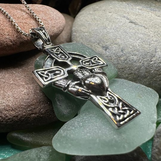 Galway Irish Claddagh Cross Necklace in Sterling Silver | Pendant | Wiccan Center