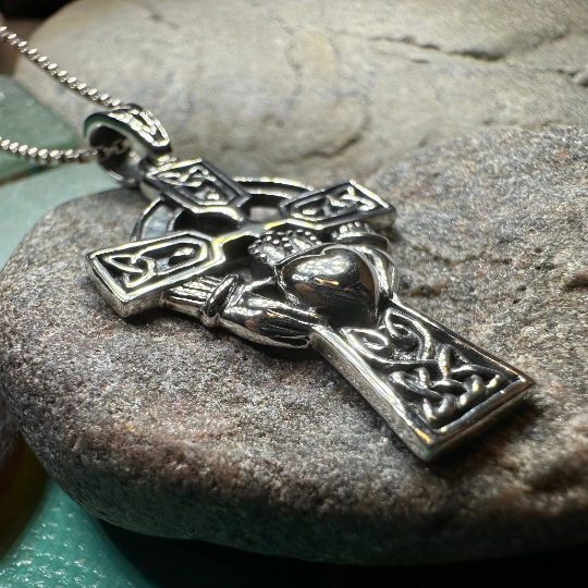 Galway Irish Claddagh Cross Necklace in Sterling Silver | Pendant | Wiccan Center