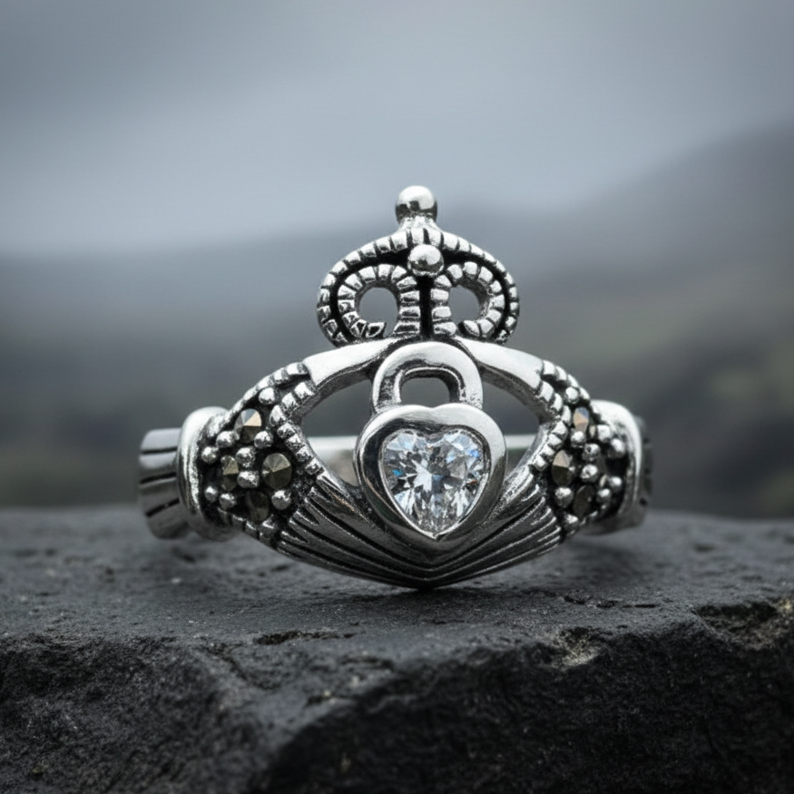 Devotion Marcasite Irish Claddagh Ring in Sterling Silver