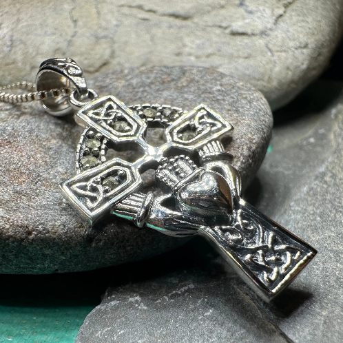 Marcasite Irish Claddagh Cross Necklace in Sterling Silver
