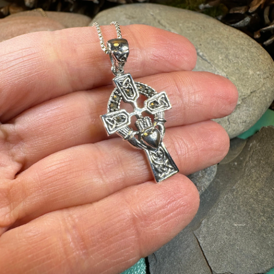 Marcasite Irish Claddagh Cross Necklace in Sterling Silver