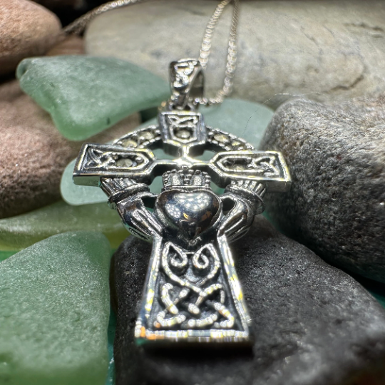 Marcasite Irish Claddagh Cross Necklace in Sterling Silver