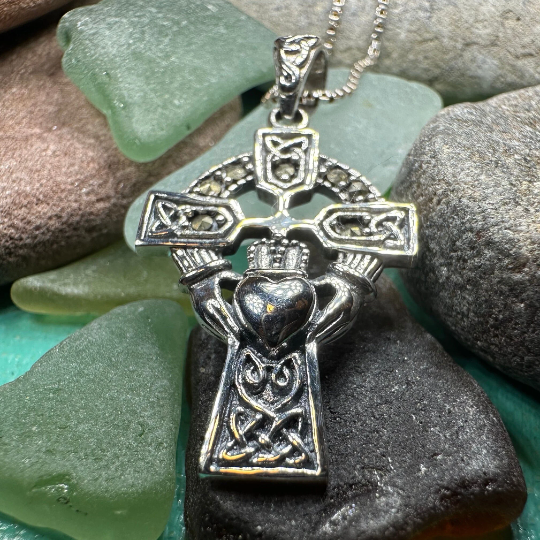 Marcasite Irish Claddagh Cross Necklace in Sterling Silver