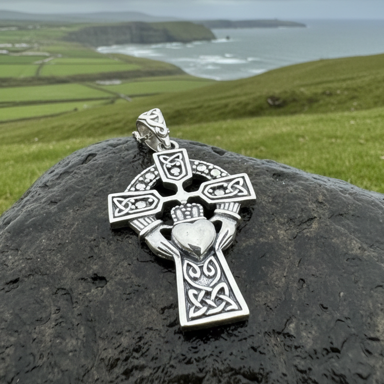 Marcasite Irish Claddagh Cross Necklace in Sterling Silver