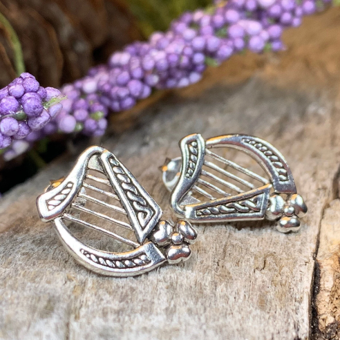 Cian Irish Harp Post Earrings in Sterling Silver | Post Earrings | Wiccan Center