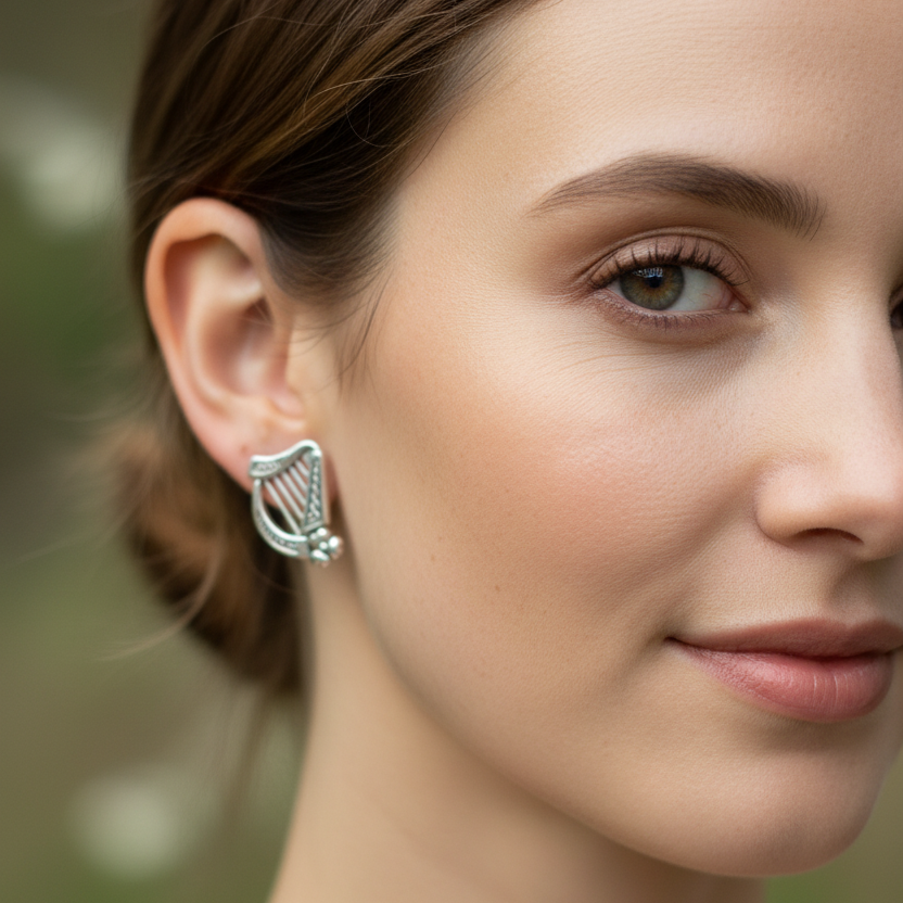Cian Irish Harp Post Earrings in Sterling Silver | Post Earrings | Wiccan Center