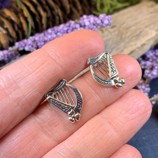 Cian Irish Harp Post Earrings in Sterling Silver | Post Earrings | Wiccan Center