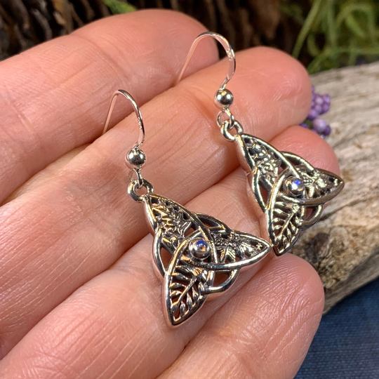 Oak Ash Thorn Trinity Knot Earrings with Moonstones | Dangle Earrings | Wiccan Center