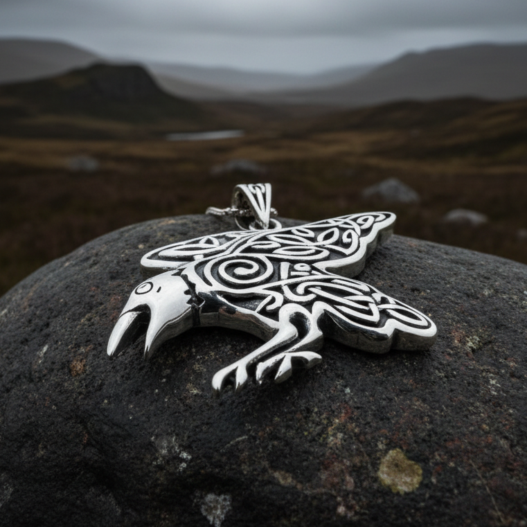 Dauntless Celtic Raven Necklace in Sterling Silver