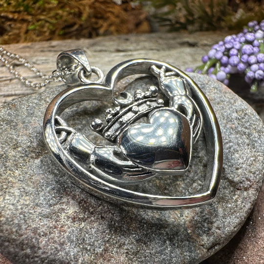 Celestial Moon Irish Claddagh Necklace in Sterling Silver | Pendant | Wiccan Center