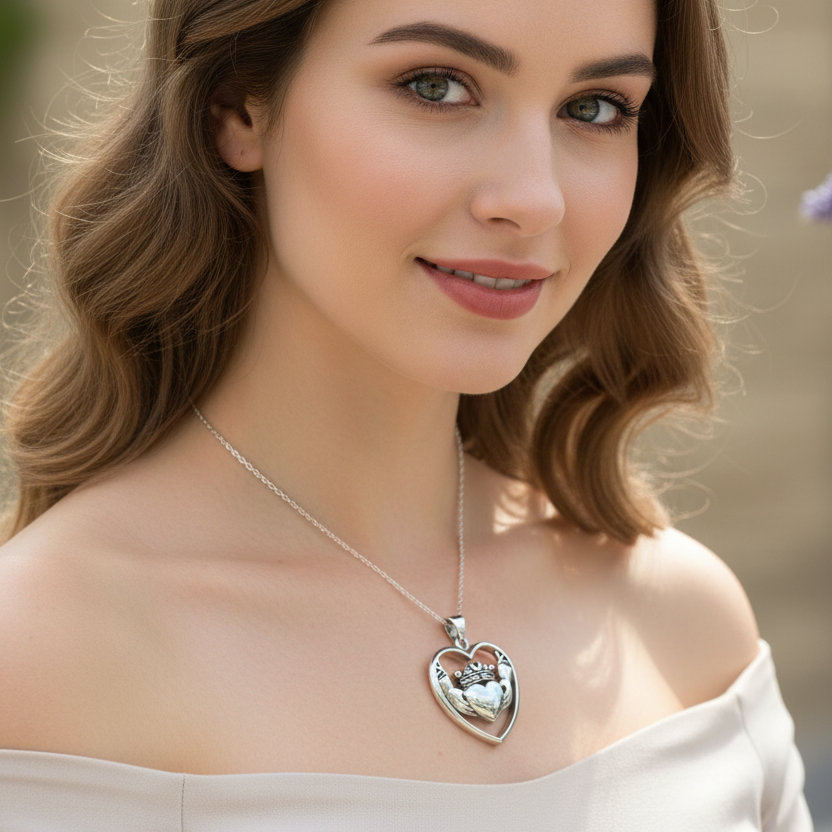 Celestial Moon Irish Claddagh Necklace in Sterling Silver