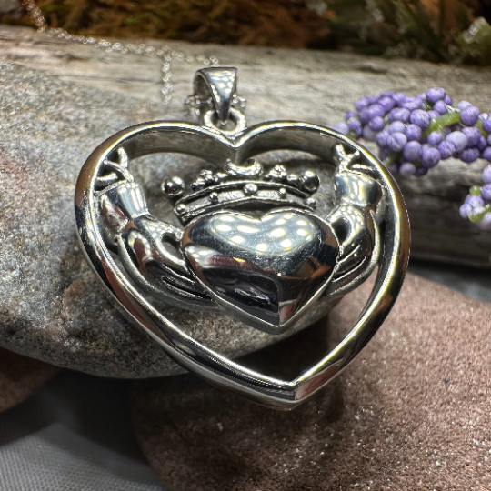 Celestial Moon Irish Claddagh Necklace in Sterling Silver | Pendant | Wiccan Center