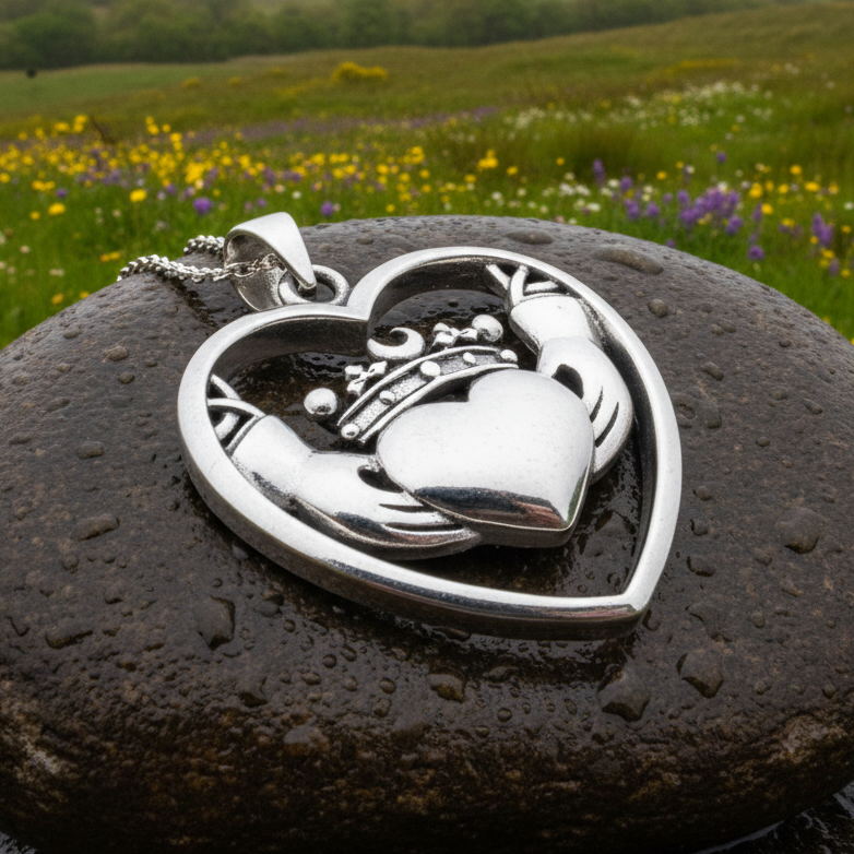 Celestial Moon Irish Claddagh Necklace in Sterling Silver