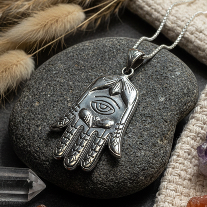Boho Love Hamsa Hand Necklace in Sterling Silver | Pendant | Wiccan Center