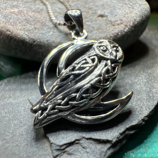 Celtic Crescent Moon Owl Necklace in Sterling Silver | Pendant | Wiccan Center