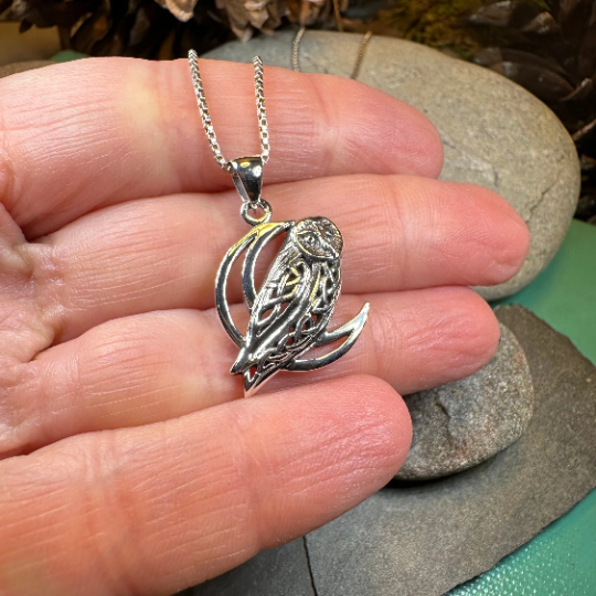 Celtic Crescent Moon Owl Necklace in Sterling Silver | Pendant | Wiccan Center