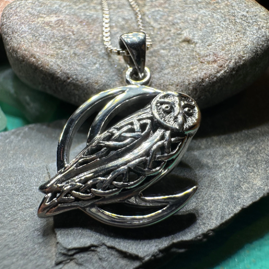 Celtic Crescent Moon Owl Necklace in Sterling Silver | Pendant | Wiccan Center