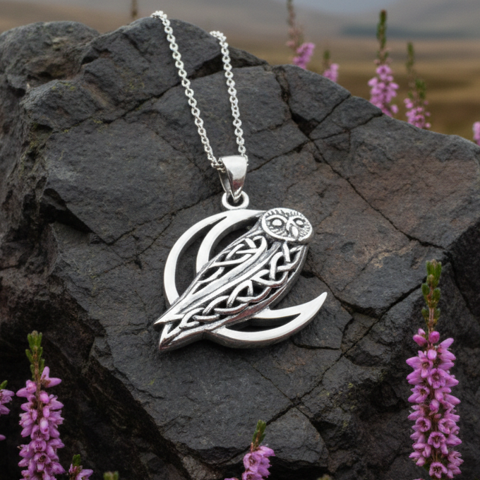 Celtic Crescent Moon Owl Necklace in Sterling Silver | Pendant | Wiccan Center