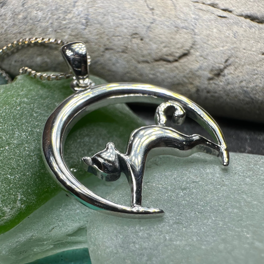 Crescent Moonrise Cat Necklace in Sterling Silver | Pendant | Wiccan Center