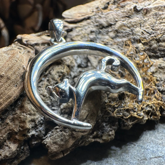 Crescent Moonrise Cat Necklace in Sterling Silver | Pendant | Wiccan Center