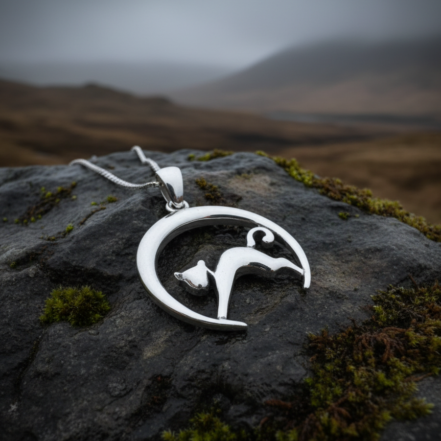 Crescent Moonrise Cat Necklace in Sterling Silver | Pendant | Wiccan Center