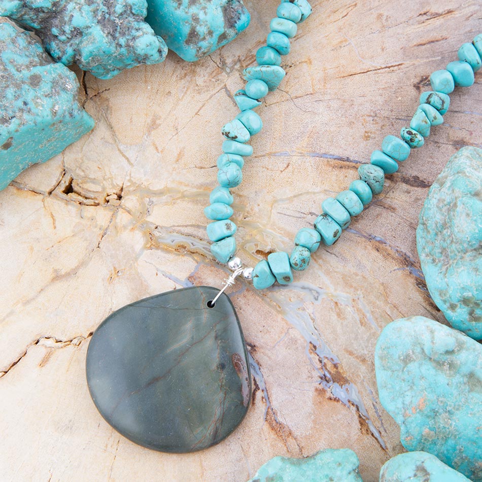 Pueblo Blue Turquoise Magnesite and Jasper Sterling Silver Necklace | Necklaces | Wiccan Center