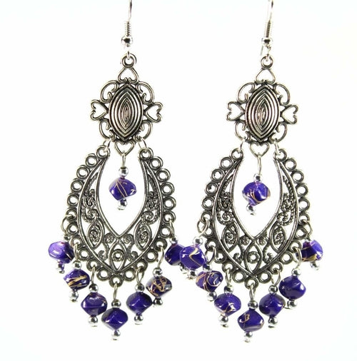 Blue Boho Scrollwork Silver Tone Dangle Statement Earrings | Earrings | Wiccan Center