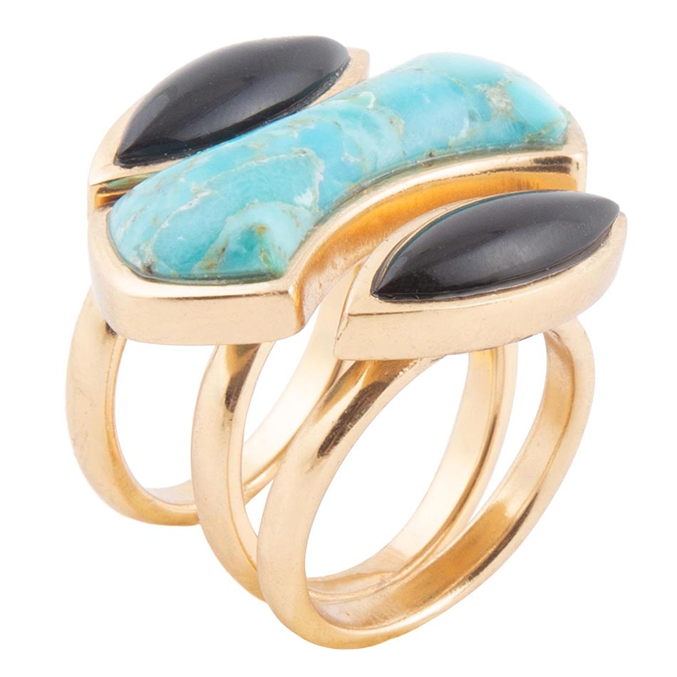Puzzle Blue Turquoise and Black Onyx Golden Ring Set | Rings | Wiccan Center