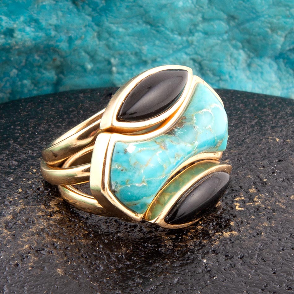 Puzzle Blue Turquoise and Black Onyx Golden Ring Set | Rings | Wiccan Center