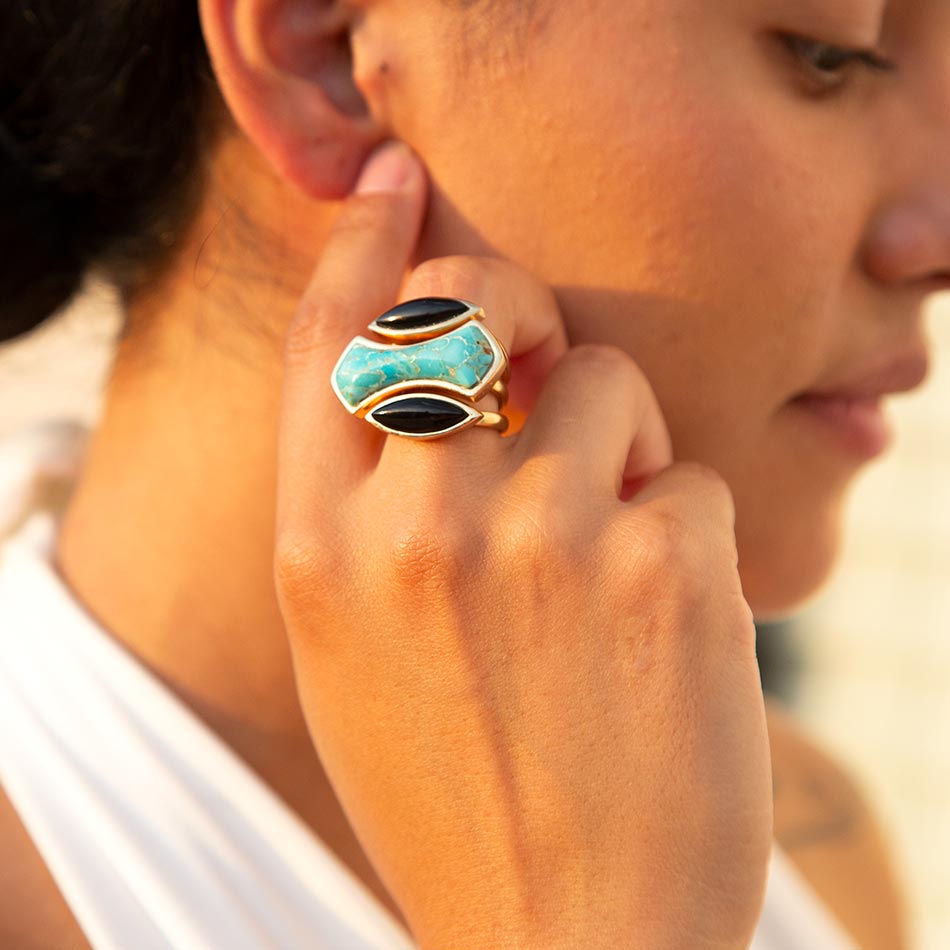 Puzzle Blue Turquoise and Black Onyx Golden Ring Set | Rings | Wiccan Center