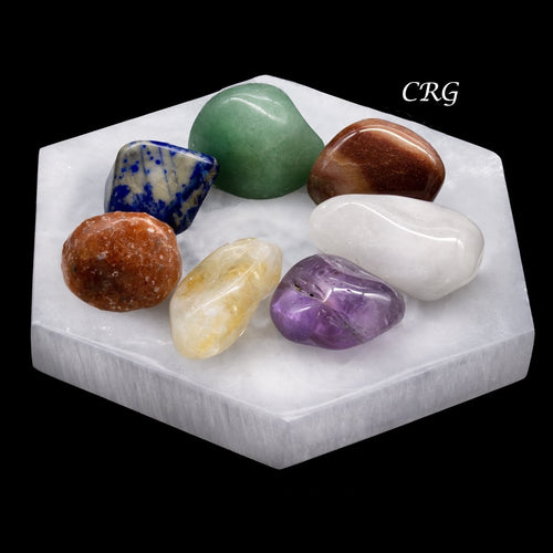 7 Stone Tumbled Set with Selenite Hexagon Plate (1 Piece) | Assorted Gemstones | Wiccan Center