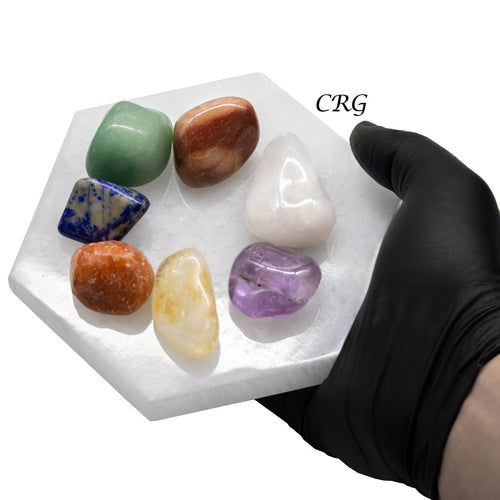 7 Stone Tumbled Set with Selenite Hexagon Plate (1 Piece) | Assorted Gemstones | Wiccan Center