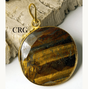 Tiger's Eye Faceted Round Pendant with Gold Plating (1 To 2.5 Inches) (1 Piece)