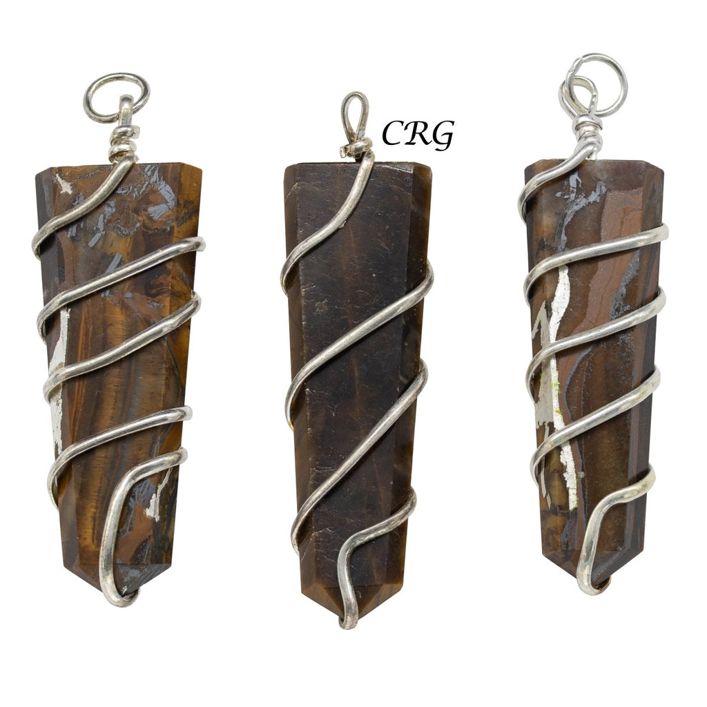 QTY 1 - Tiger Eye Flat Point Pendant w/ Silver Spiral Wrapping 2.5" Avg