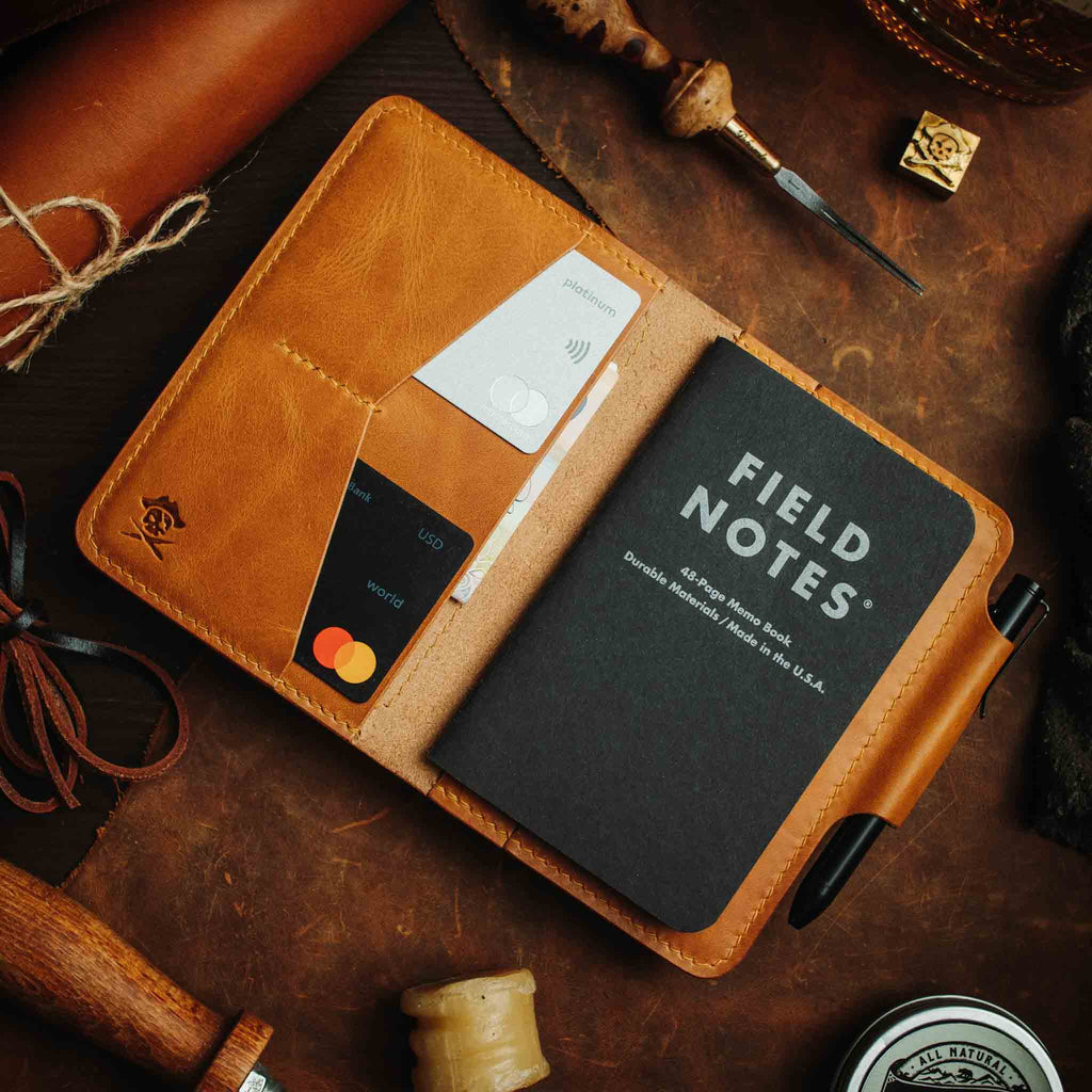 Pirate Goods Quartermaster v2 Passport Wallet – Leather Travel EDC Organizer with Velcro Panel & Field Notes Holder | Bifold Velcro Wallet | Wiccan Center