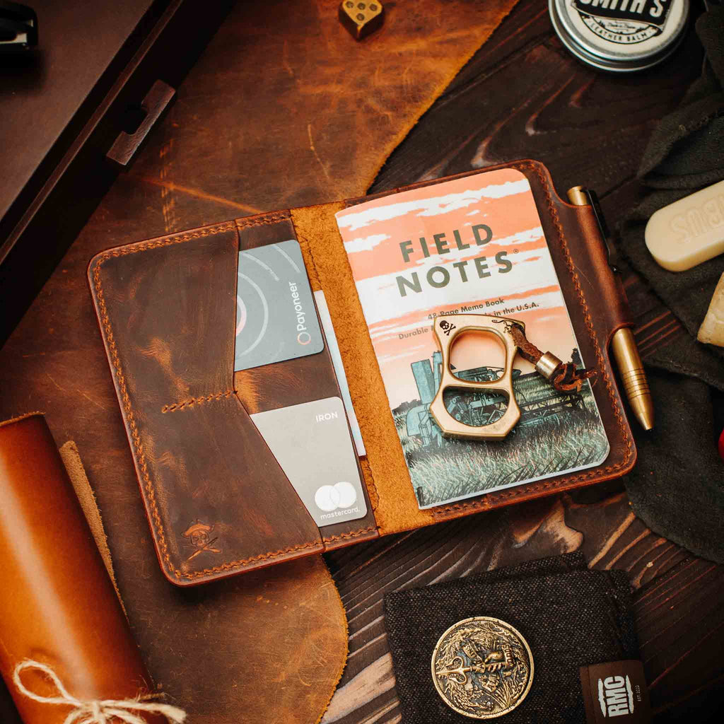 Pirate Goods Quartermaster v2 Passport Wallet – Leather Travel EDC Organizer with Velcro Panel & Field Notes Holder | Bifold Velcro Wallet | Wiccan Center
