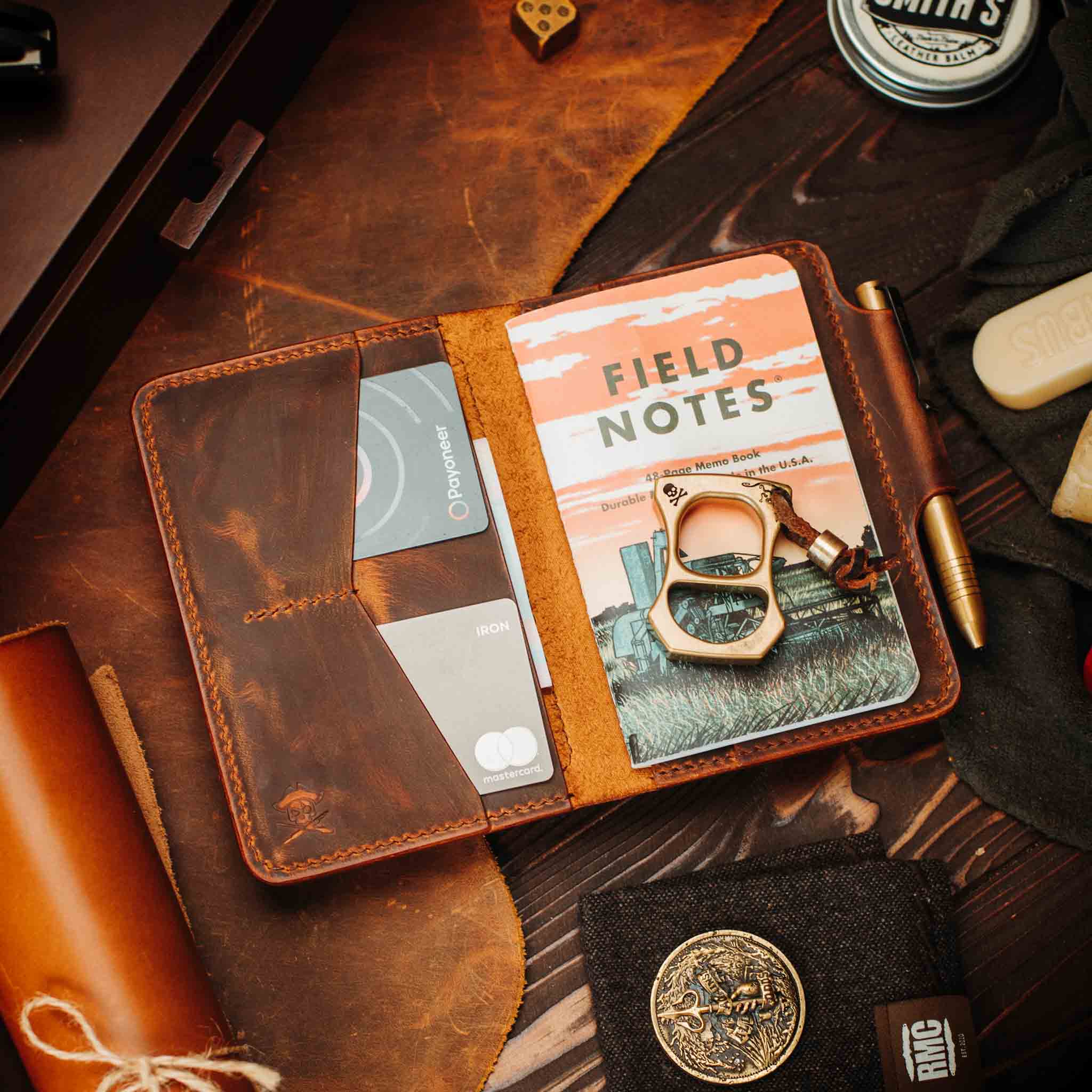 Pirate Goods Quartermaster v2 Passport Wallet – Leather Travel EDC Organizer with Velcro Panel & Field Notes Holder | Bifold Velcro Wallet | Wiccan Center