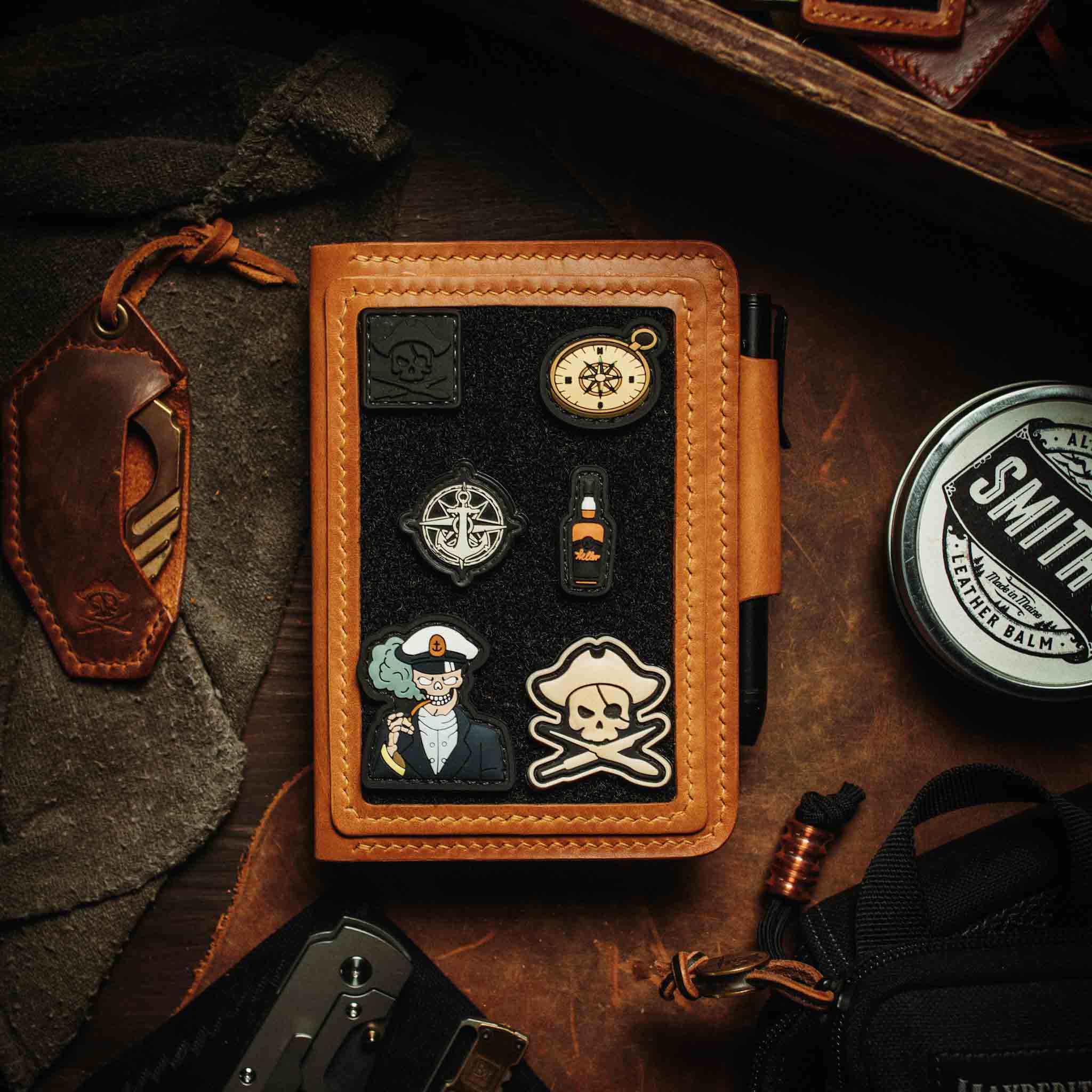 Pirate Goods Quartermaster v2 Passport Wallet – Leather Travel EDC Organizer with Velcro Panel & Field Notes Holder | Bifold Velcro Wallet | Wiccan Center