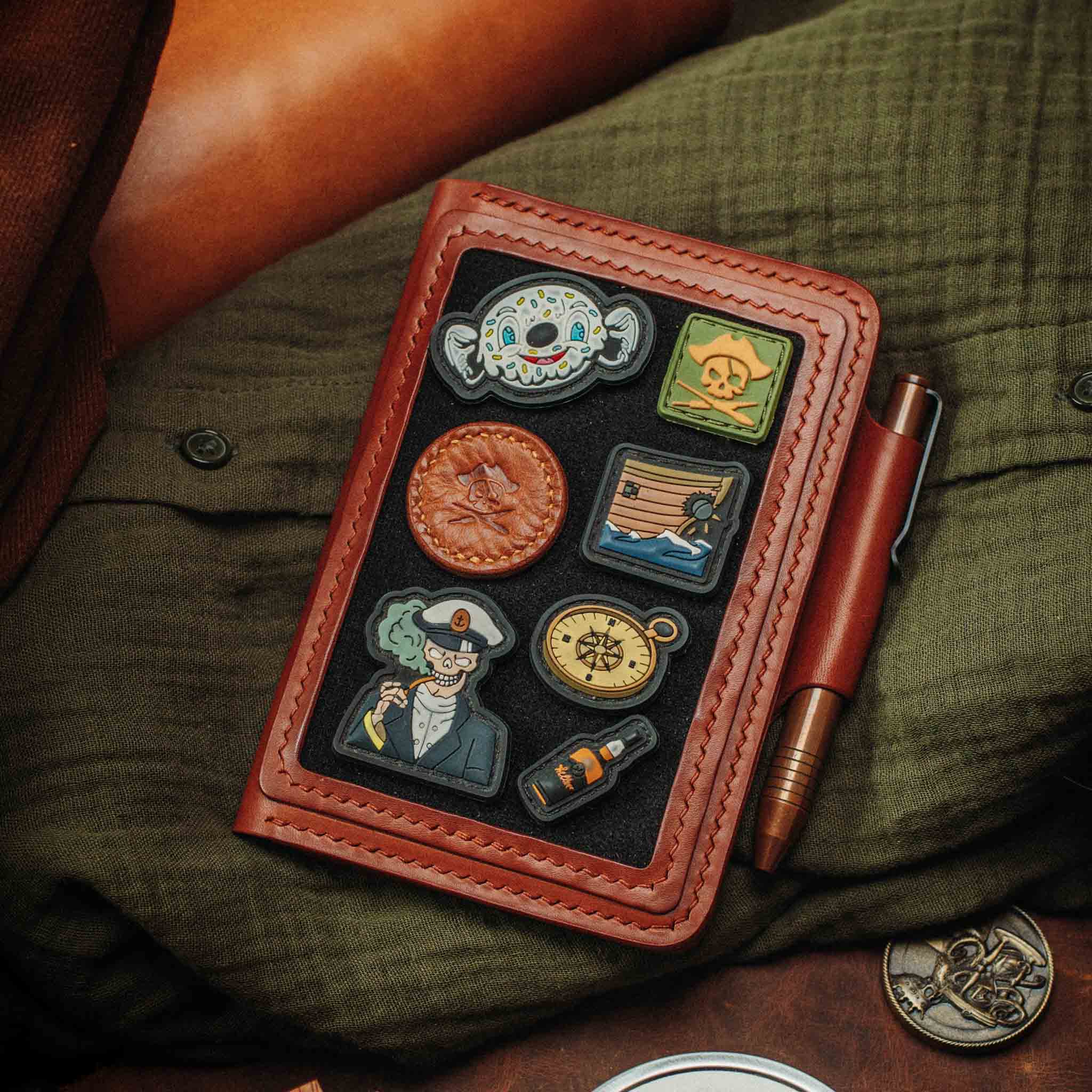 Pirate Goods Quartermaster v2 Passport Wallet – Leather Travel EDC Organizer with Velcro Panel & Field Notes Holder | Bifold Velcro Wallet | Wiccan Center