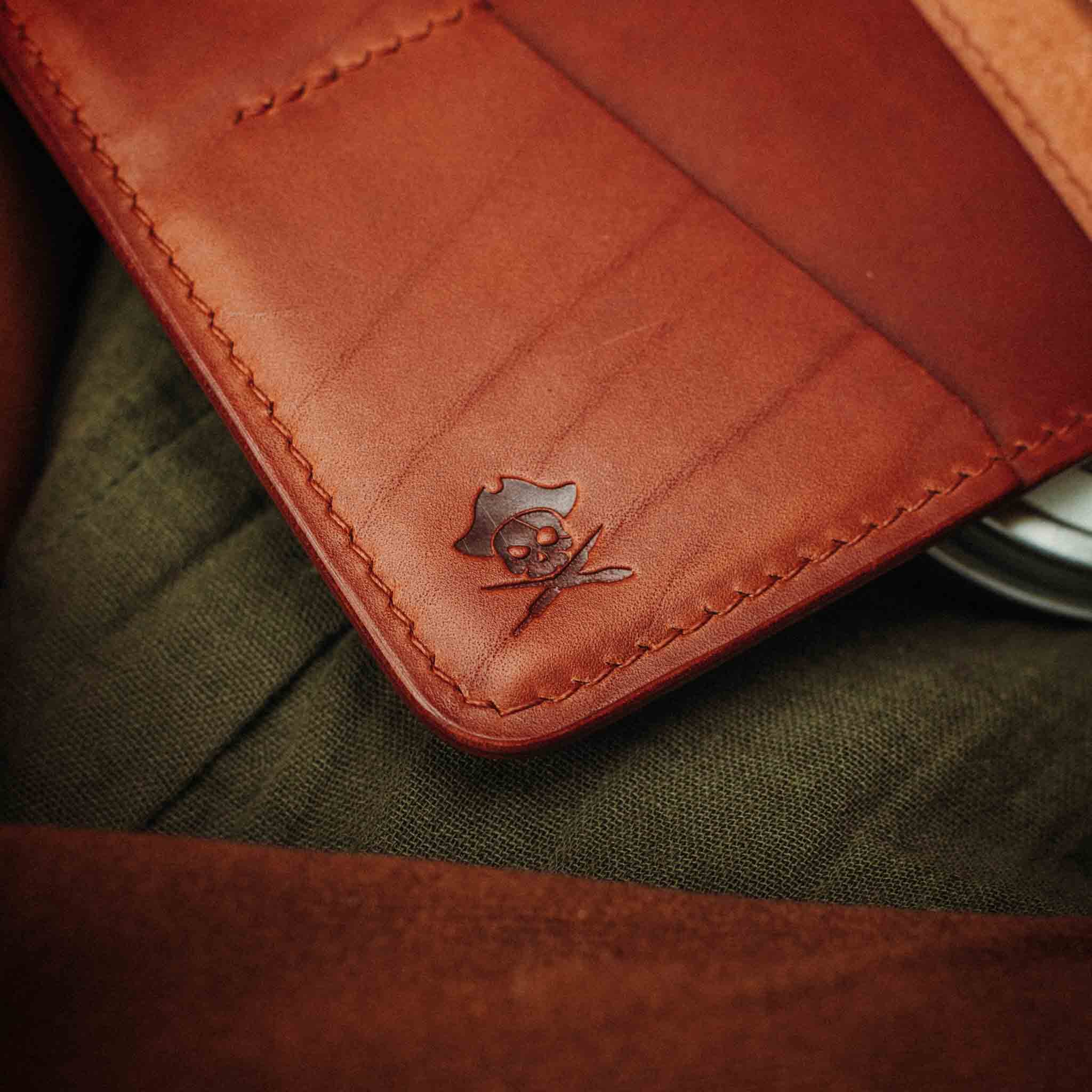 Pirate Goods Quartermaster v2 Passport Wallet – Leather Travel EDC Organizer with Velcro Panel & Field Notes Holder | Bifold Velcro Wallet | Wiccan Center