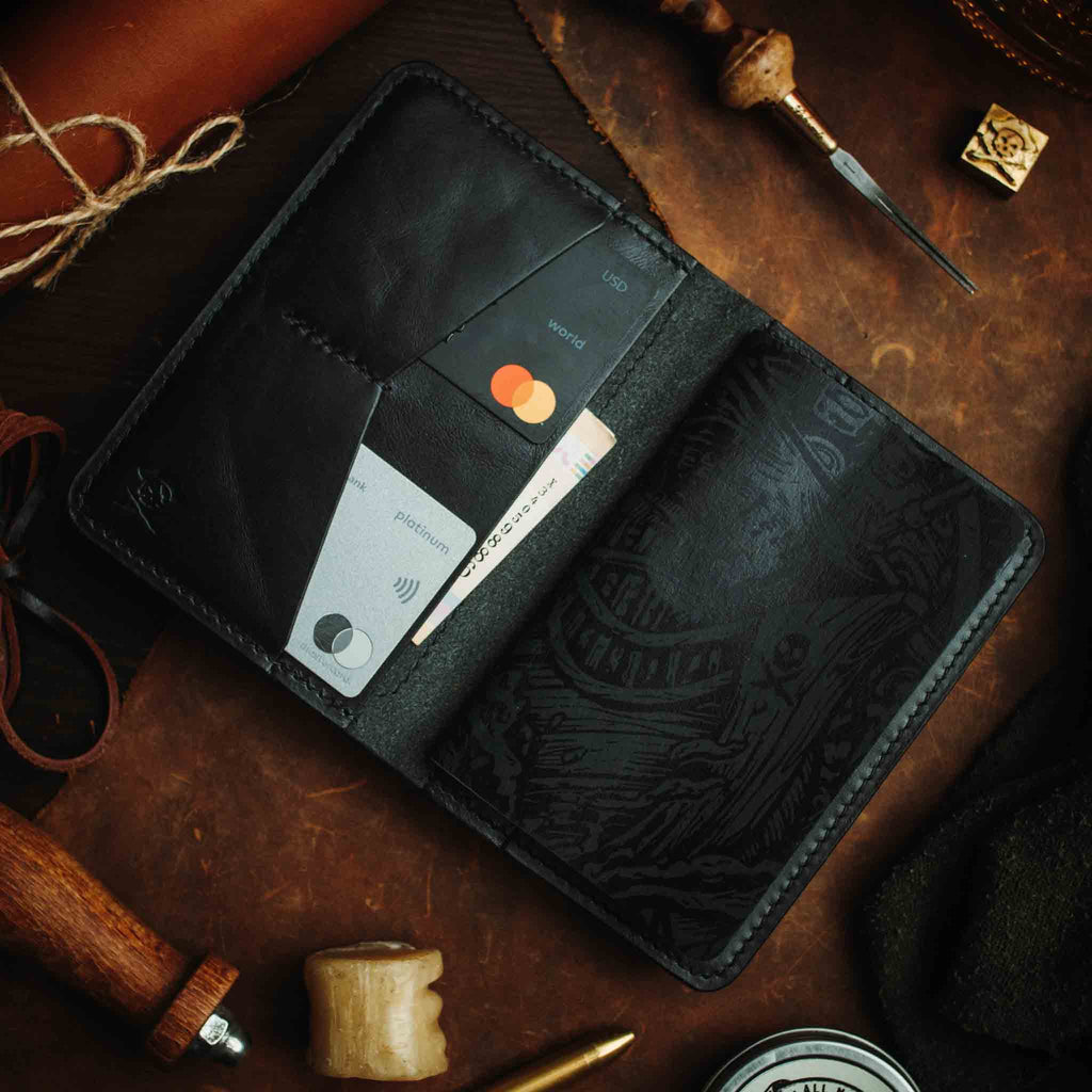Pirate Goods Quartermaster v2 Passport Wallet – Leather Travel EDC Organizer with Velcro Panel & Field Notes Holder | Bifold Velcro Wallet | Wiccan Center