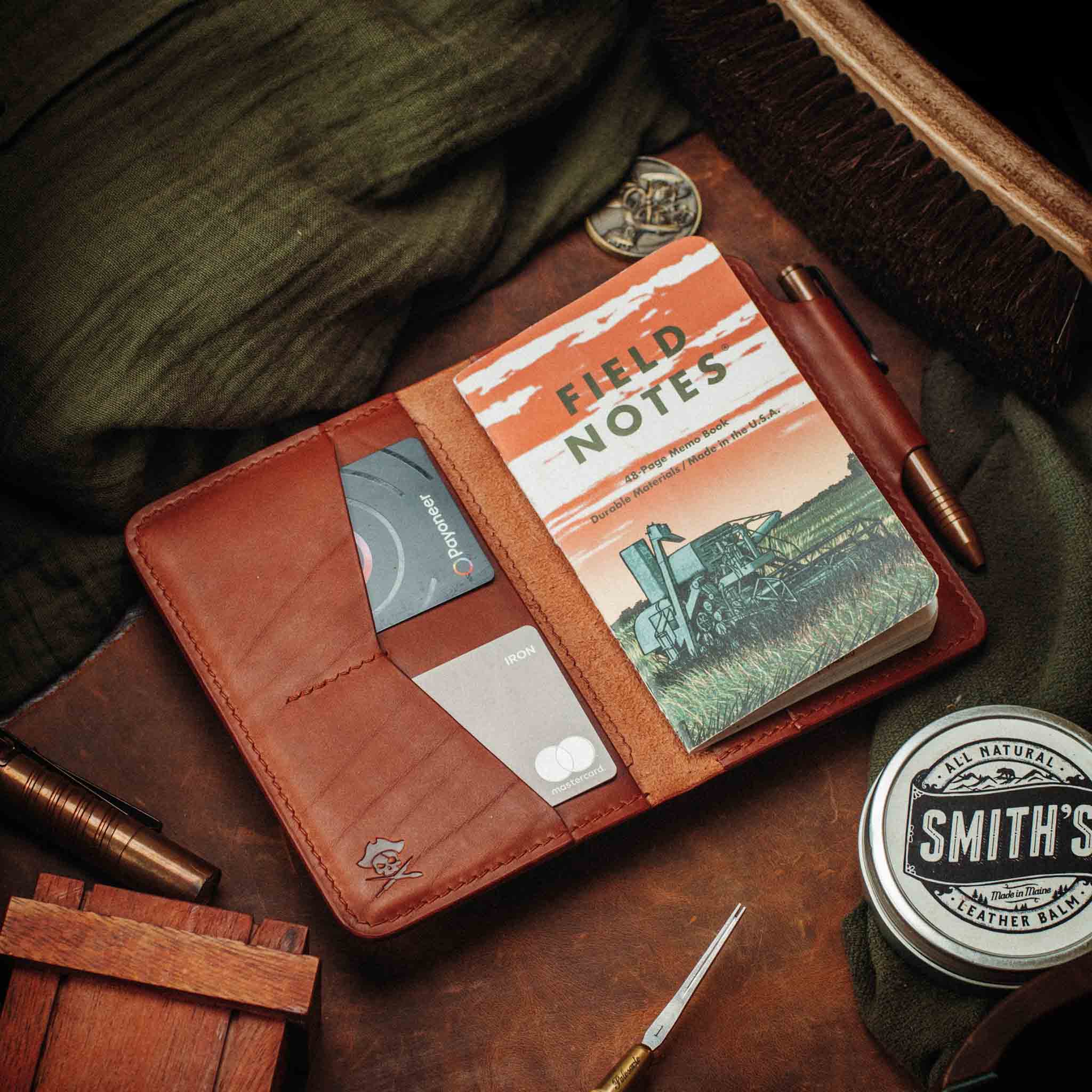 Pirate Goods Quartermaster v2 Passport Wallet – Leather Travel EDC Organizer with Velcro Panel & Field Notes Holder | Bifold Velcro Wallet | Wiccan Center