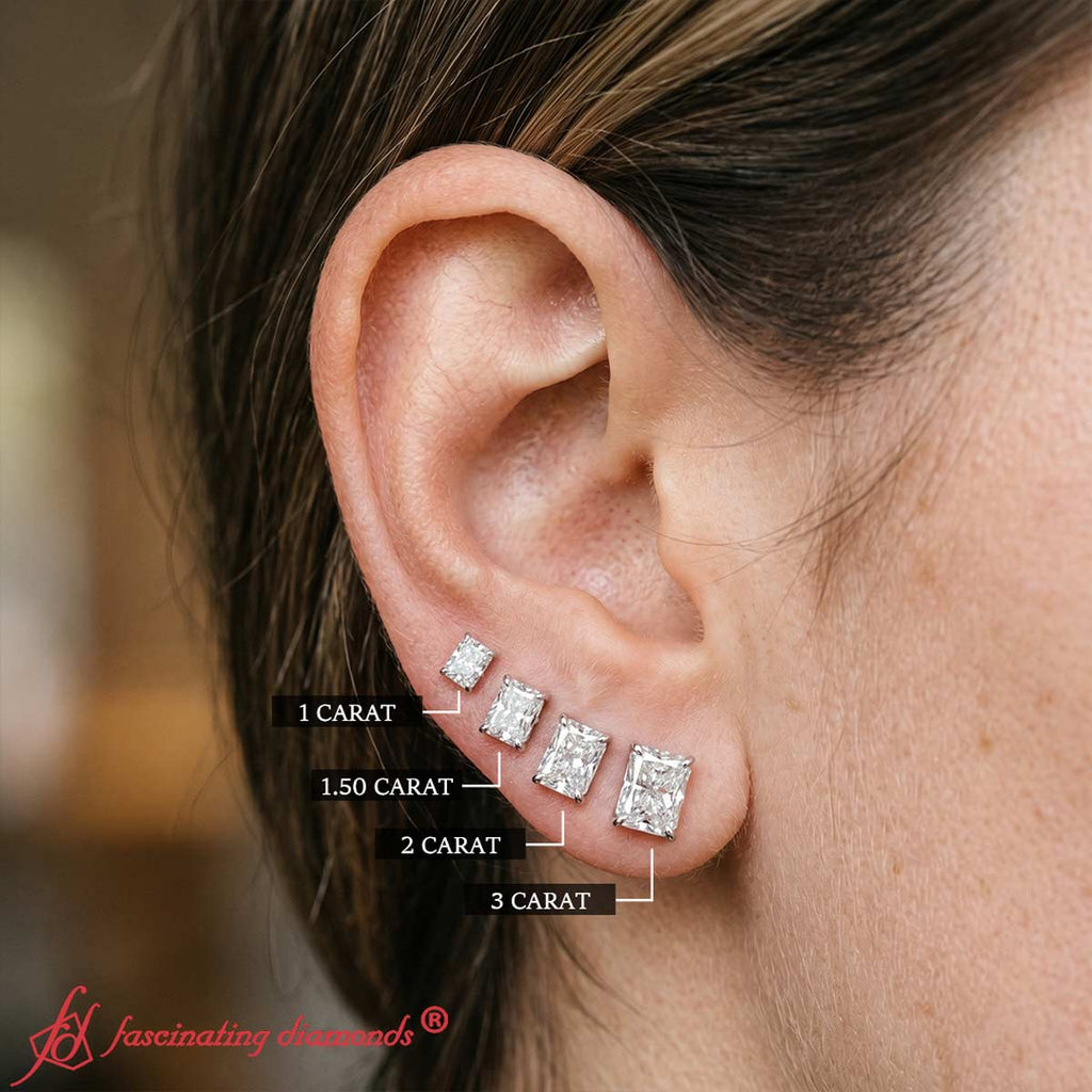 IGI Certified Basket Stud Earrings Set With Radiant Cut Diamonds