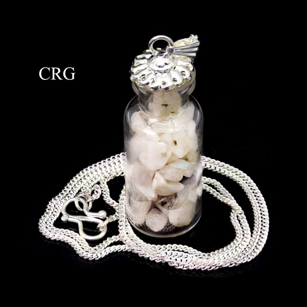 Rainbow Moonstone Chip Bottle Necklace with Silver Plating (12 Inches) (1 Piece)