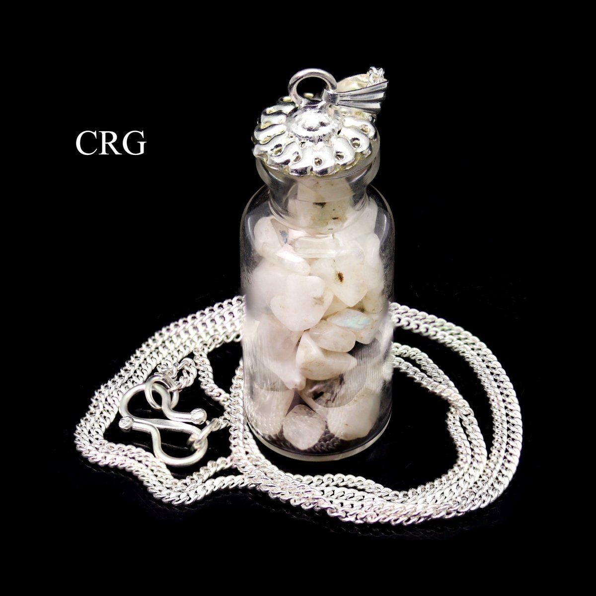 Rainbow Moonstone Chip Bottle Necklace with Silver Plating (12 Inches) (1 Piece)