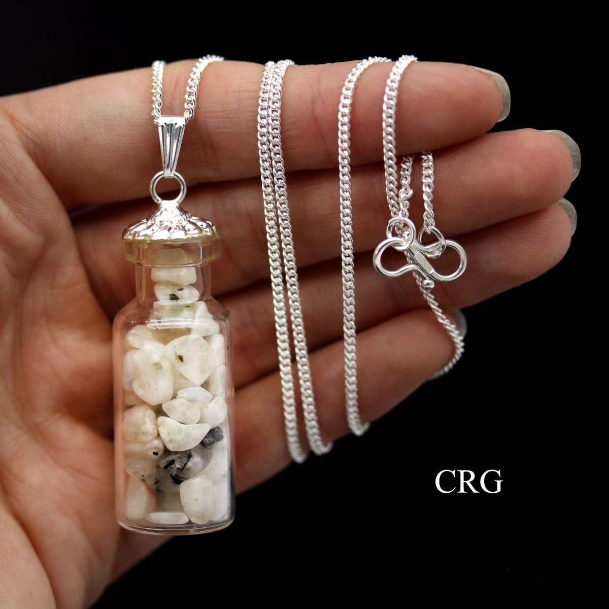 Rainbow Moonstone Chip Bottle Necklace with Silver Plating (12 Inches) (1 Piece)
