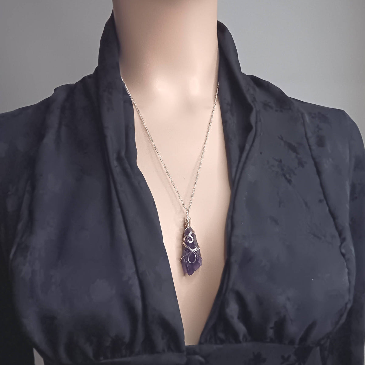 Raw Amethyst Crystal Point Pendant – Handmade Silver-Plated Wire Wrapped Necklace | Handmade > Wire-wrapped gemstones | Wiccan Center