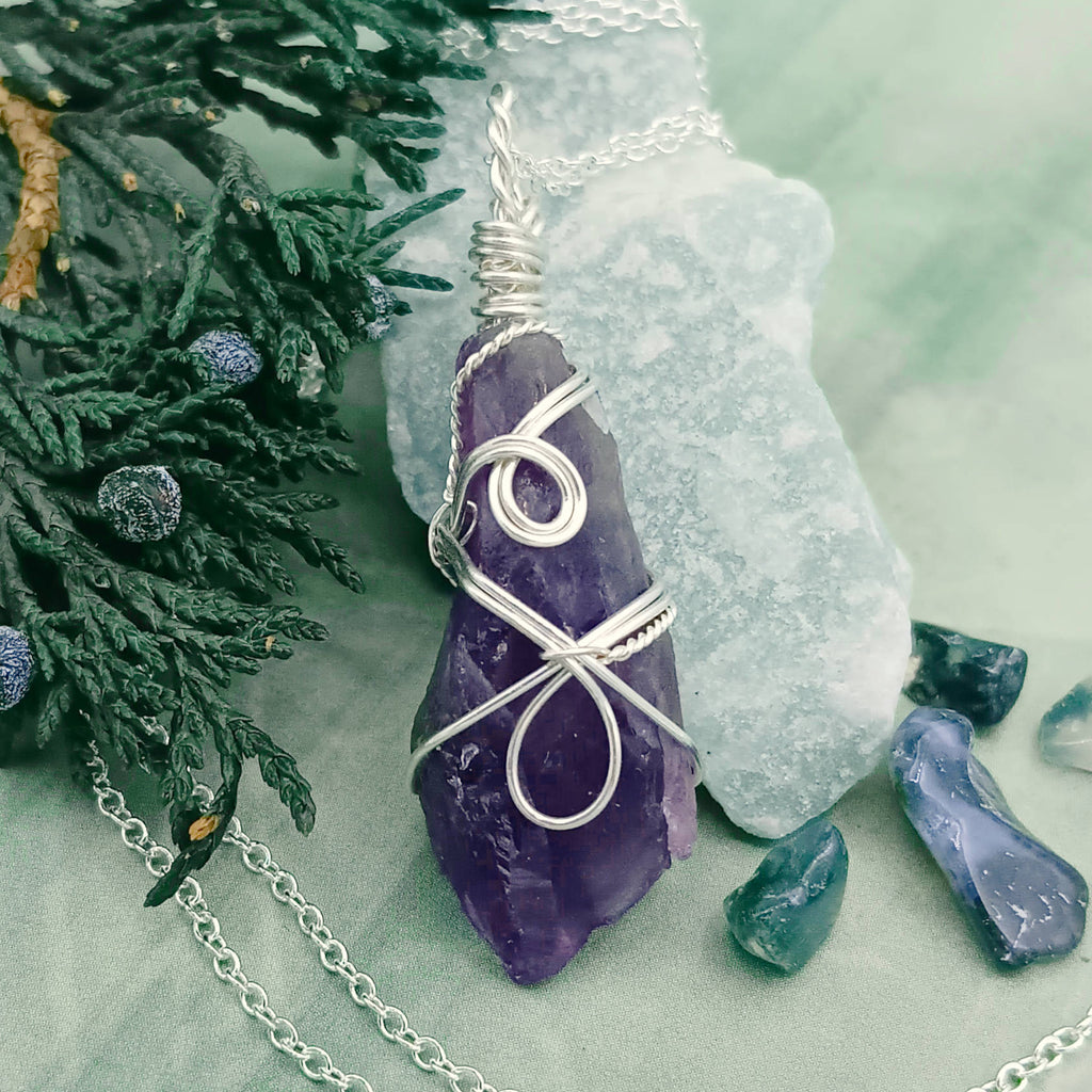 Raw Amethyst Crystal Point Pendant – Handmade Silver-Plated Wire Wrapped Necklace | Handmade > Wire-wrapped gemstones | Wiccan Center