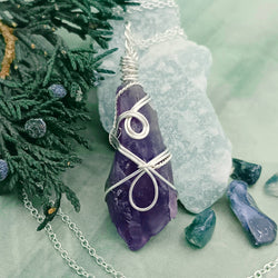 Raw Amethyst Crystal Point Pendant – Handmade Silver-Plated Wire Wrapped Necklace | Handmade > Wire-wrapped gemstones | Wiccan Center
